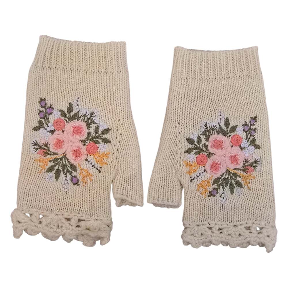 Beige Floral Embroidered Crochet Trim Knit Fingerless Gloves